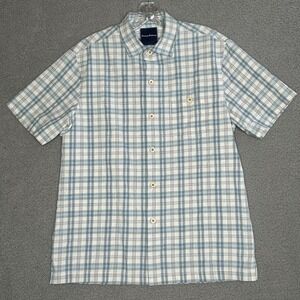 Tommy Bahama Camp Shirt Men Small Blue Check Silk Blend Button Front Island Zone